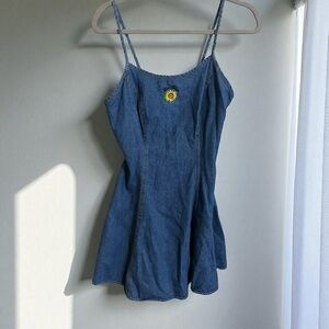 Vintage Paris Blues Denim Flare Boho Sunflower Mini Dress Size 5 Small